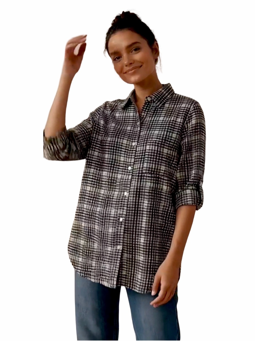Lysse Women’s Button-Down Shirt. Black Plaid. Size Small - Picture 7 of 10